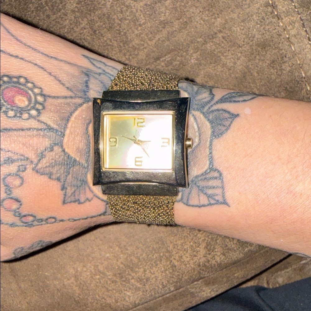 NY Square Gold Face Wristwatch with Metallic Brown Strap